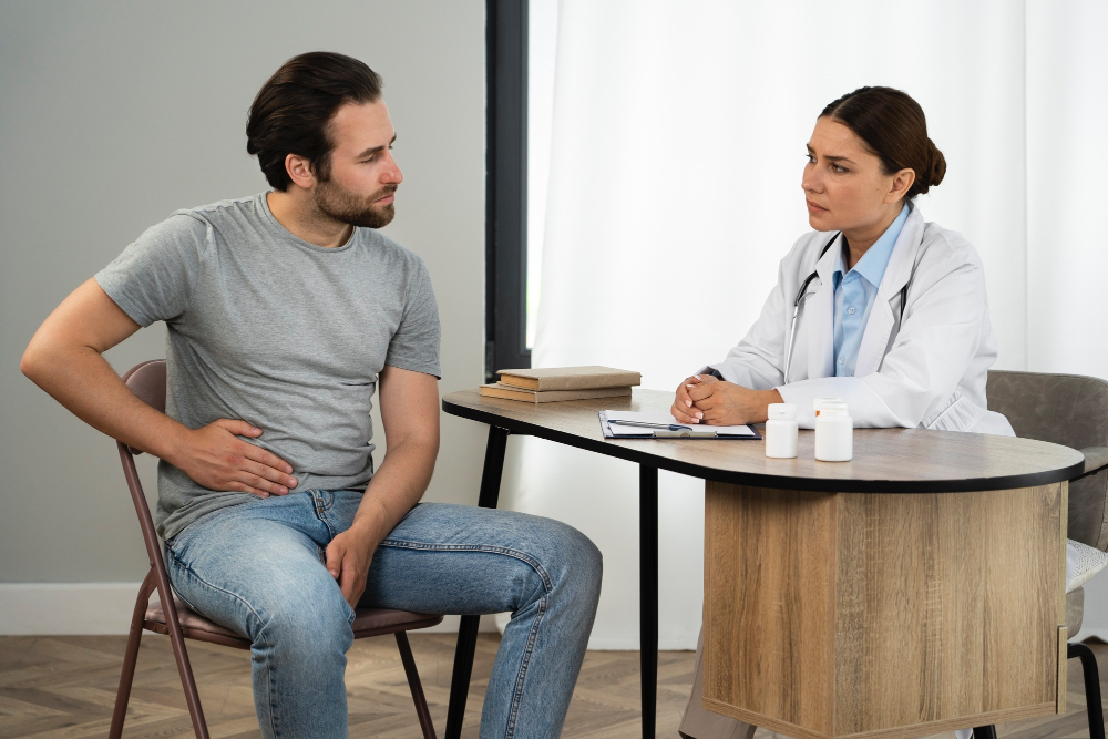 A doctor and a patient conversing with each other.