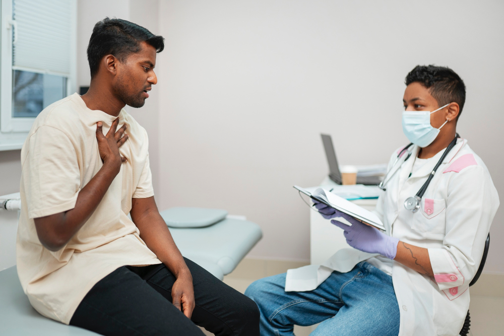 A man struggling to breathe and a doctor helping.